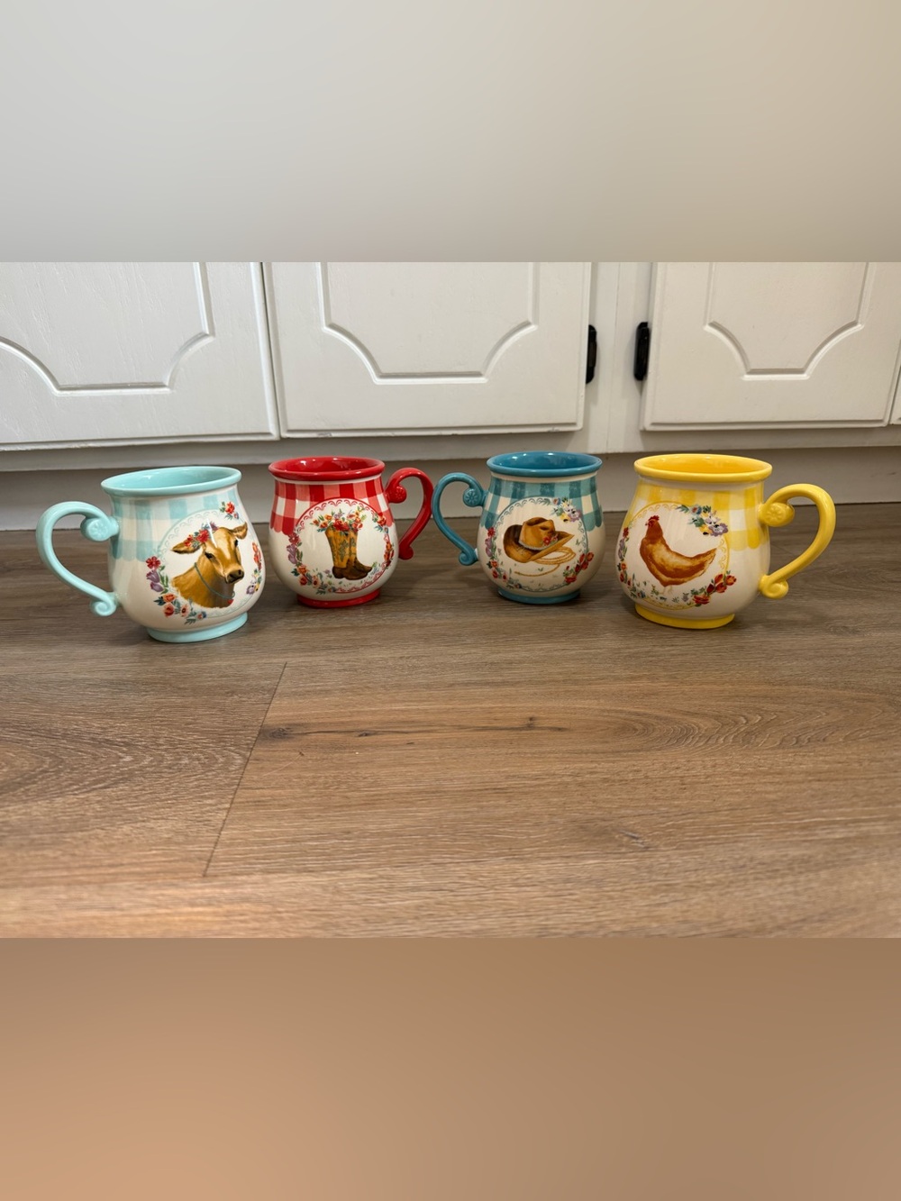 Pioneer Woman Gingham Farm Animals Farmhouse Ceramic Mugs set of 4